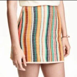 H&M Tweed mini skirt vertical stripes tapestry textured woven fringe boho hippie